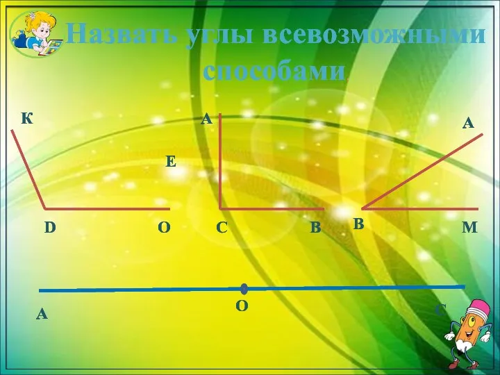 Назвать углы всевозможными способами. К М Е О С В