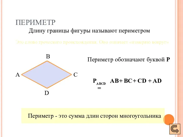 ПЕРИМЕТР А В С D Это слово греческого происхождения. Оно