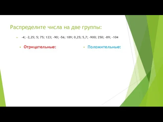 Распределите числа на две группы: Отрицательные: Положительные: -4; -2,25; 5;