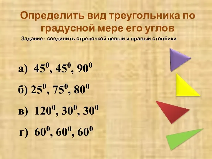 Определить вид треугольника по градусной мере его углов Задание: соединить стрелочкой левый и