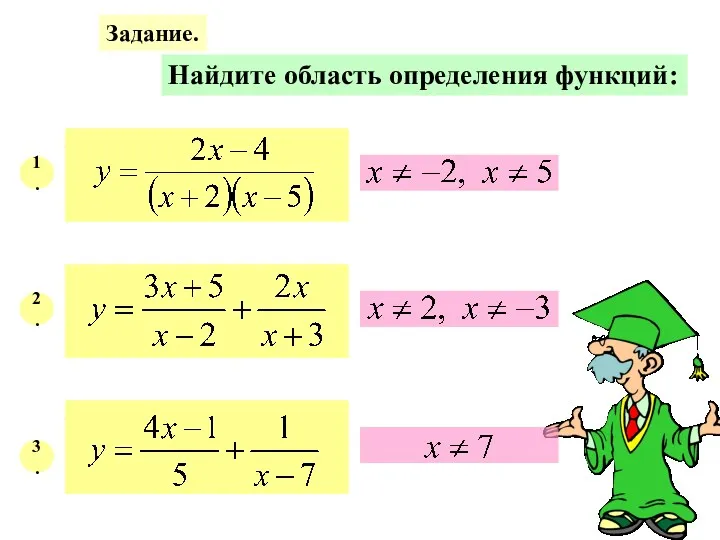 Задание. Найдите область определения функций: 1. 2. 3.