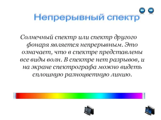 Солнечный спектр или спектр другого фонаря является непрерывным. Это означает,