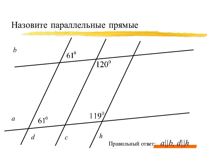 Назовите параллельные прямые а c b d h a||b, d||h Правильный ответ: