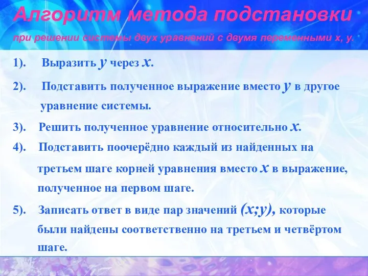 Алгоритм метода подстановки при решении системы двух уравнений с двумя