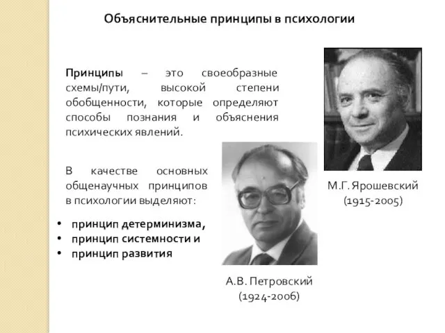 Объяснительные принципы в психологии М.Г. Ярошевский (1915-2005) А.В. Петровский (1924-2006)