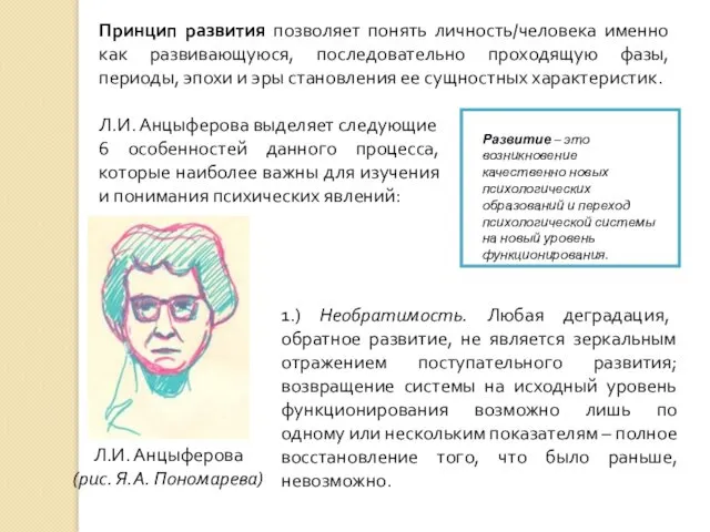 Принцип развития позволяет понять личность/человека именно как развивающуюся, последовательно проходящую