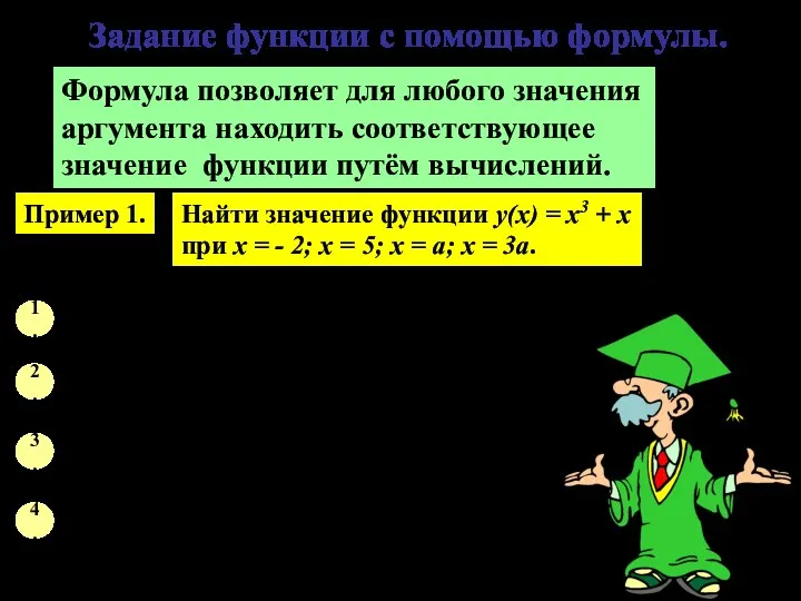 Задание функции с помощью формулы. Формула позволяет для любого значения аргумента находить соответствующее