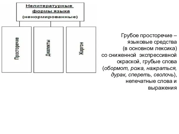 Грубое просторечие – языковые средства (в основном лексика) со сниженной