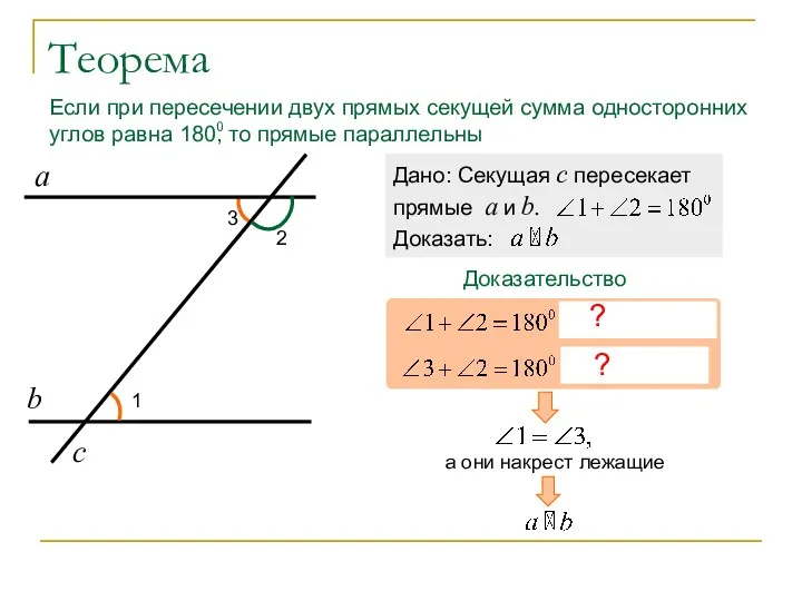 Теорема Если при пересечении двух прямых секущей сумма односторонних углов