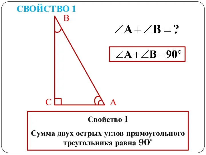 СВОЙСТВО 1 В С А Свойство 1 Сумма двух острых углов прямоугольного треугольника равна 90°