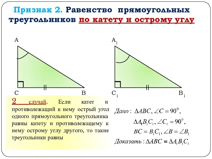 Признак 2. Равенство прямоугольных треугольников по катету и острому углу