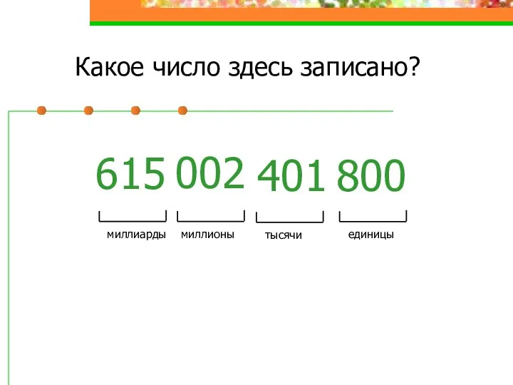 Какое число здесь записано? 615 002 401 800 единицы тысячи миллионы миллиарды