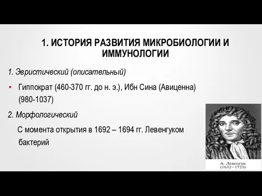 1. ИСТОРИЯ РАЗВИТИЯ МИКРОБИОЛОГИИ И ИММУНОЛОГИИ 1. Эвристический (описательный) Гиппократ