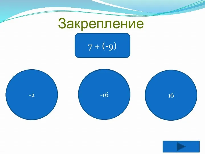 Молодец! Закрепление 7 + (-9) Подумай! -16 Подумай! 16 -2