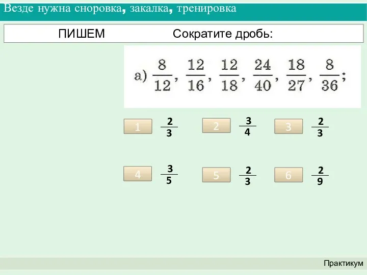 Везде нужна сноровка, закалка, тренировка Практикум ПИШЕМ Сократите дробь: 1 2 3 4 5 6