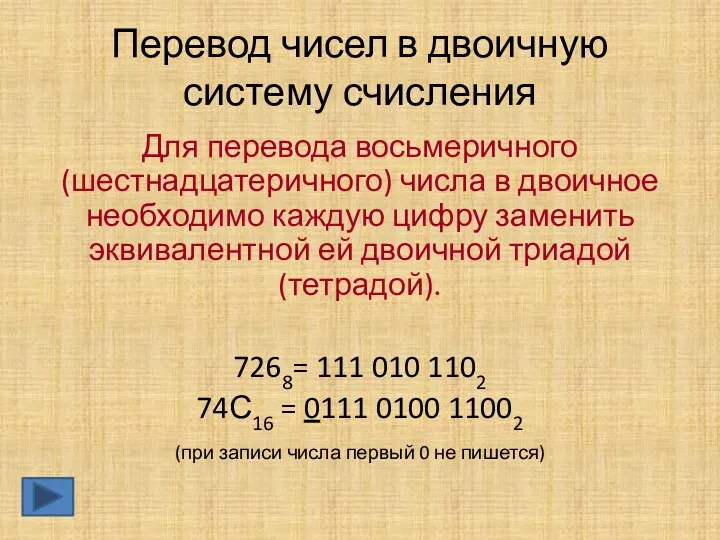 Для перевода восьмеричного (шестнадцатеричного) числа в двоичное необходимо каждую цифру