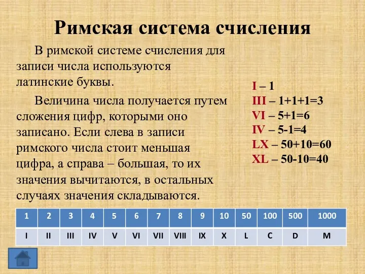 Римская система счисления В римской системе счисления для записи числа