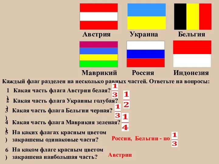 Австрии Каждый флаг разделен на несколько равных частей. Ответьте на вопросы: