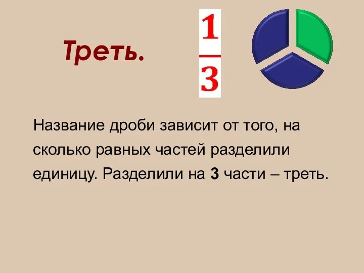 Треть. Название дроби зависит от того, на сколько равных частей