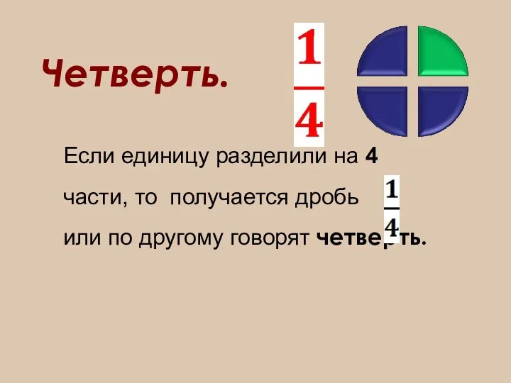 Четверть. Если единицу разделили на 4 части, то получается дробь или по другому говорят четверть.