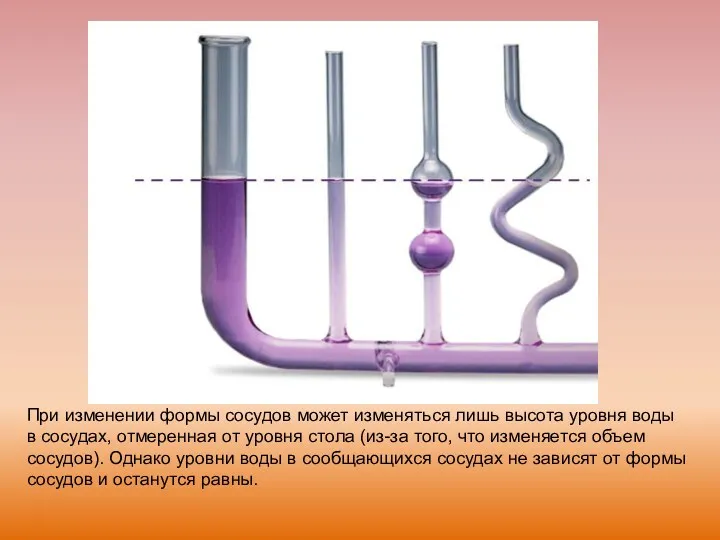 При изменении формы сосудов может изменяться лишь высота уровня воды