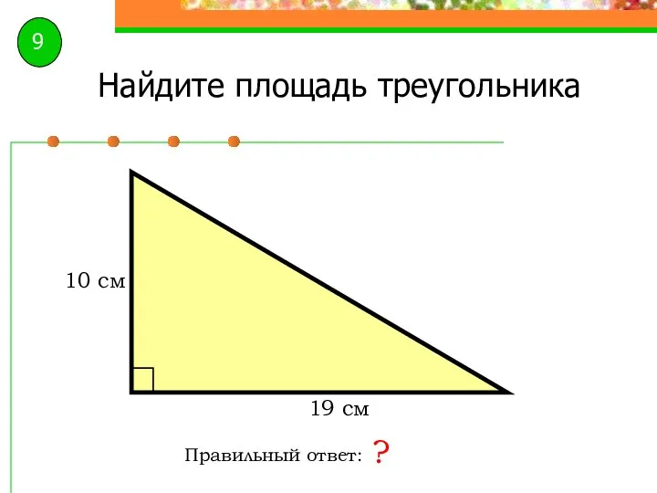 Найдите площадь треугольника Правильный ответ: ? 19 см 10 см 9