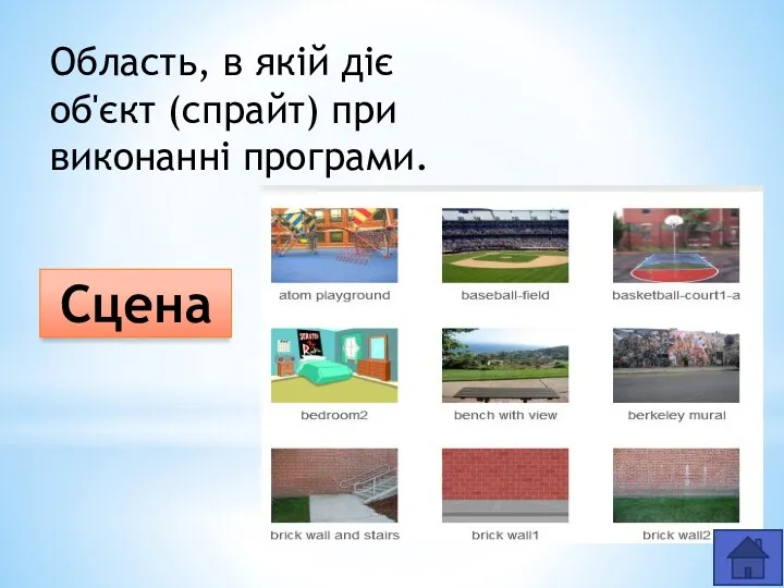 Область, в якій діє об'єкт (спрайт) при виконанні програми. Сцена