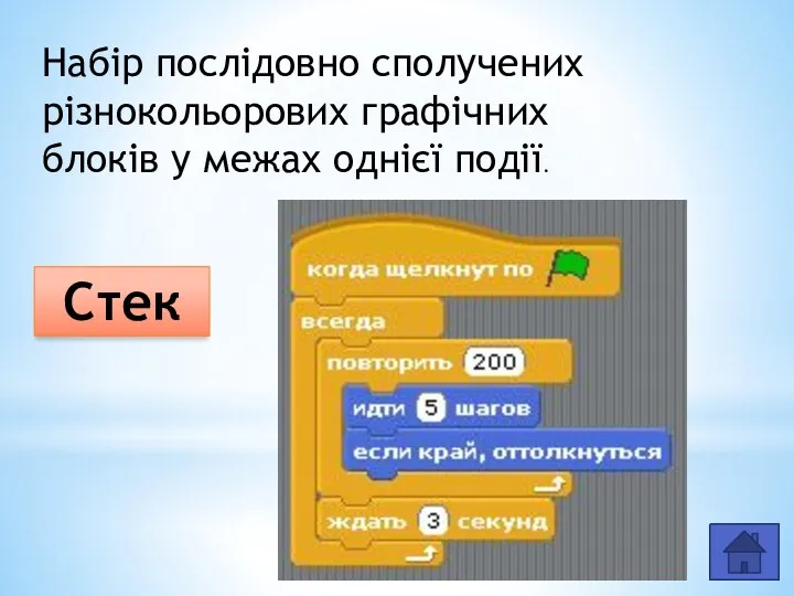 Набір послідовно сполучених різнокольорових графічних блоків у межах однієї події. Стек