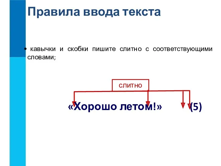 Правила ввода текста слитно «Хорошо летом!» (5) кавычки и скобки пишите слитно с соответствующими словами;