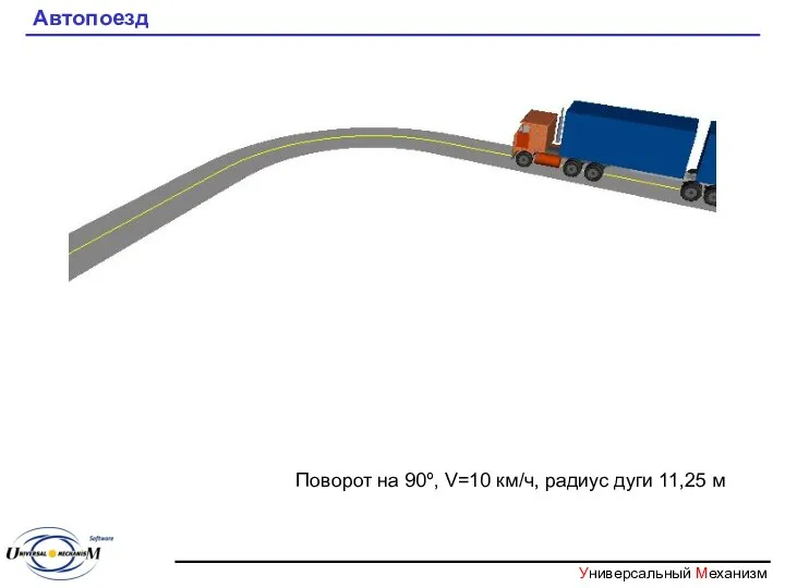 Автопоезд Поворот на 90º, V=10 км/ч, радиус дуги 11,25 м