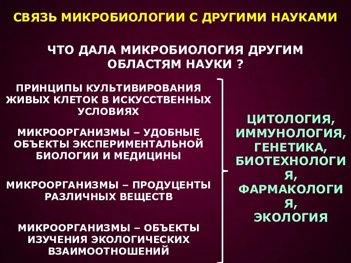 СВЯЗЬ МИКРОБИОЛОГИИ С ДРУГИМИ НАУКАМИ ЧТО ДАЛА МИКРОБИОЛОГИЯ ДРУГИМ ОБЛАСТЯМ