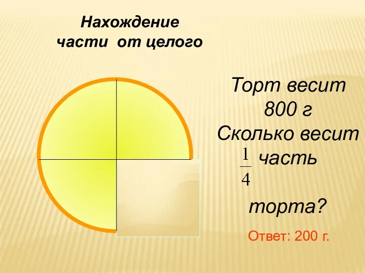 Нахождение части от целого Торт весит 800 г Сколько весит часть торта? Ответ: 200 г.