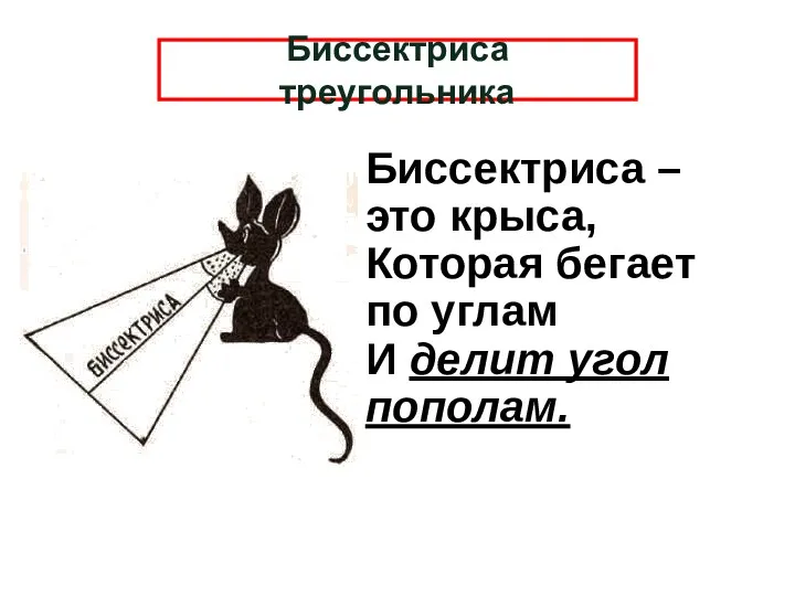 Биссектриса треугольника Биссектриса – это крыса, Которая бегает по углам И делит угол пополам.