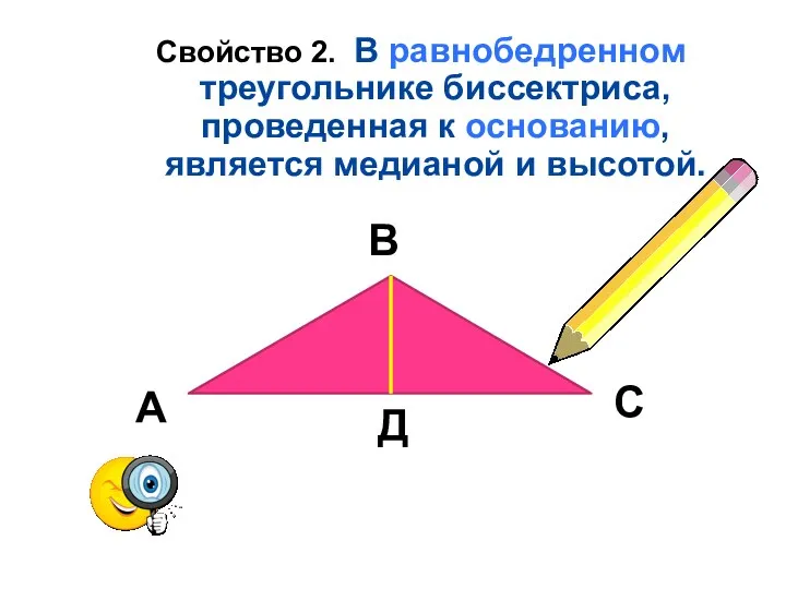 Свойство 2. В равнобедренном треугольнике биссектриса, проведенная к основанию, является