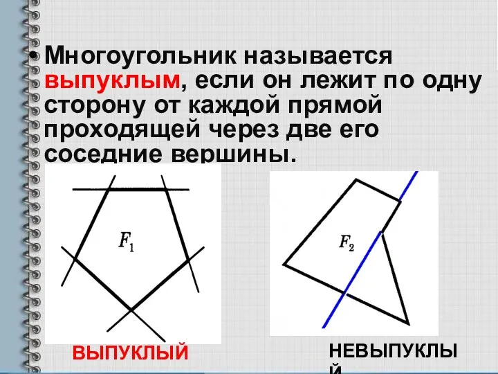 Многоугольник называется выпуклым, если он лежит по одну сторону от каждой прямой проходящей