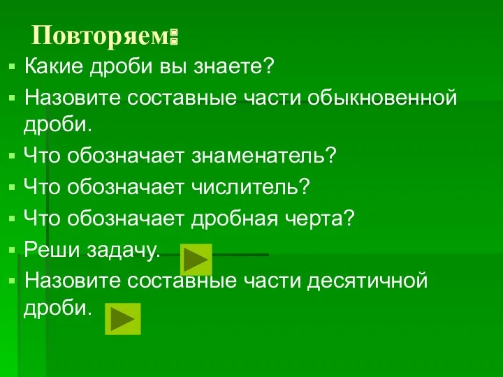 Повторяем: Какие дроби вы знаете? Назовите составные части обыкновенной дроби.