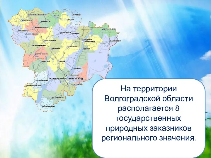 На территории Волгоградской области располагается 8 государственных природных заказников регионального значения.