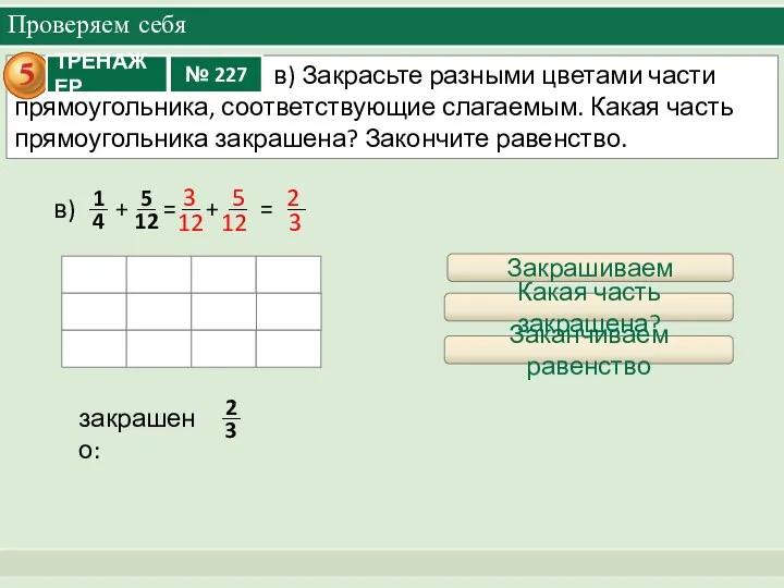 Проверяем себя + = + = в) Закрашиваем закрашено: 3