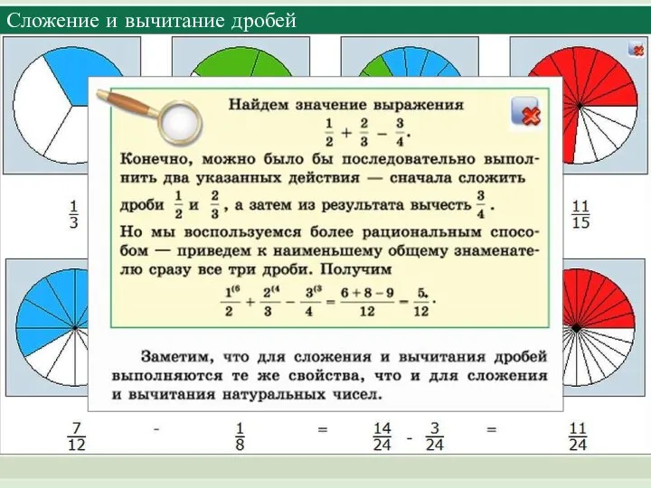 Сложение и вычитание дробей смотреть рисунок смотреть пример