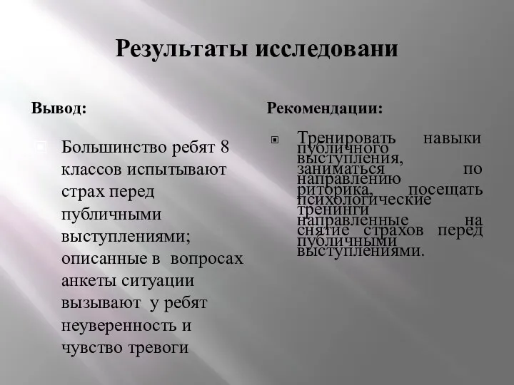 Результаты исследовани Вывод: Большинство ребят 8 классов испытывают страх перед