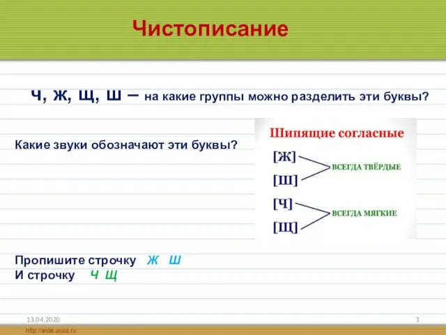 13.04.2020 Чистописание ч, ж, щ, ш – на какие группы