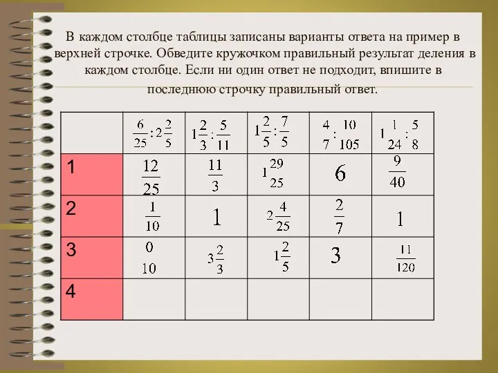 В каждом столбце таблицы записаны варианты ответа на пример в