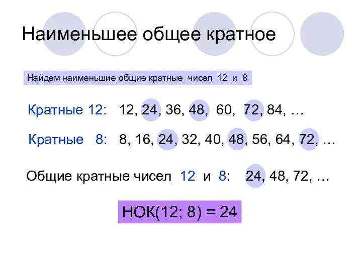 Наименьшее общее кратное Найдем наименьшие общие кратные чисел 12 и