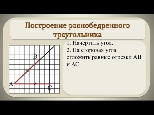 1. Начертить угол. 2. На сторонах угла отложить равные отрезки АВ и АС. Построение равнобедренного треугольника