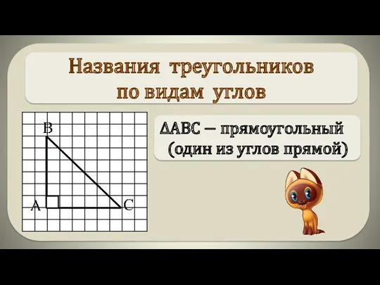 ∆АВС − прямоугольный (один из углов прямой) Названия треугольников по видам углов