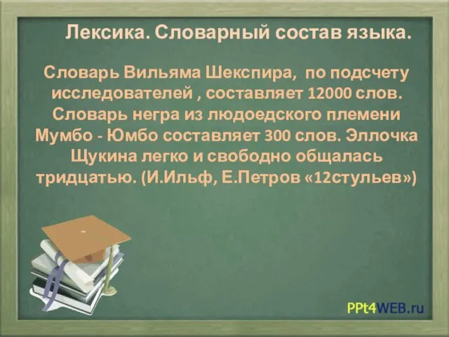 Словарь Вильяма Шекспира, по подсчету исследователей , составляет 12000 слов.