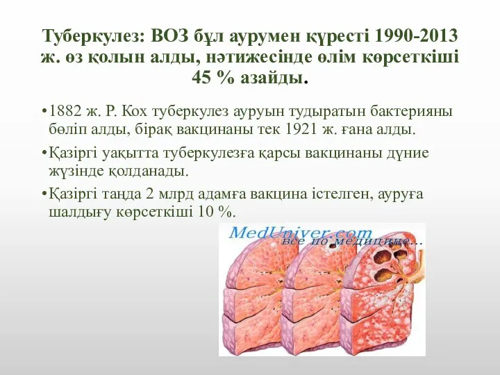 Туберкулез: ВОЗ бұл аурумен қүресті 1990-2013 ж. өз қолын алды, нәтижесінде өлім көрсеткіші