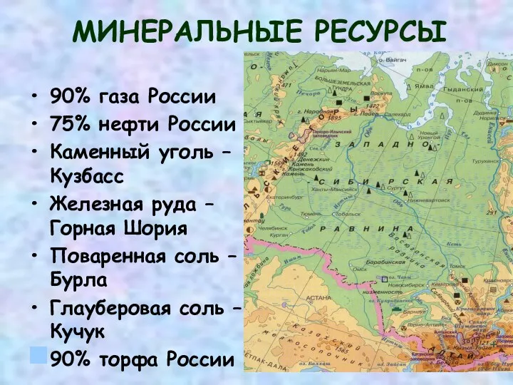 МИНЕРАЛЬНЫЕ РЕСУРСЫ 90% газа России 75% нефти России Каменный уголь