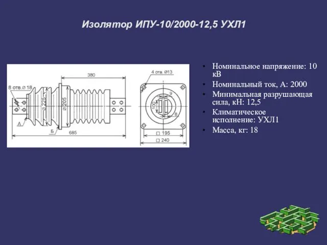 Изолятор ИПУ-10/2000-12,5 УХЛ1 Номинальное напряжение: 10 кВ Номинальный ток, А: