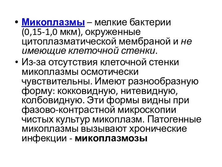 Микоплазмы – мелкие бактерии (0,15-1,0 мкм), окруженные цитоплазматической мембраной и